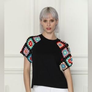 Zero Degrees Celsius Boho Crochet Sleeve Top Multicolor Granny Square XL